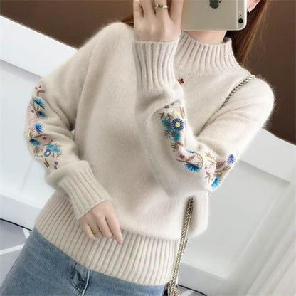 🔥Thick cashmere knit sweater with floral embroidery