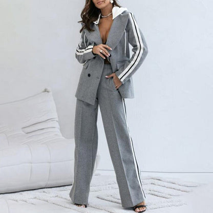 💖Dames Casual Grijze Blazer Top & Wijde Pijpen Broeken 2-delige Set