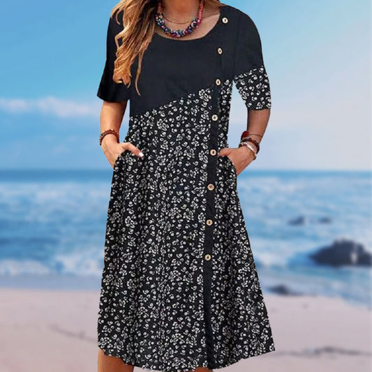 Vrouwen Patchwork Vintage Bedrukte Katoenen Linnen Jurk