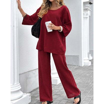 Dames Casual Effen Kleur Lange Mouwen Top en Broek Set