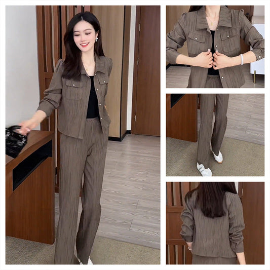 Elegant Getextureerd Pak - Kort Jas & Wijde Pijpen Broeken