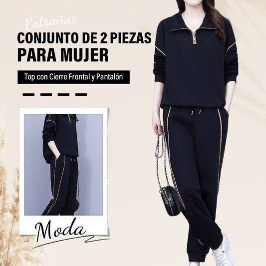 Conjunto de 2 Piezas para Mujer: Top con Cierre Frontal y Pantalón
