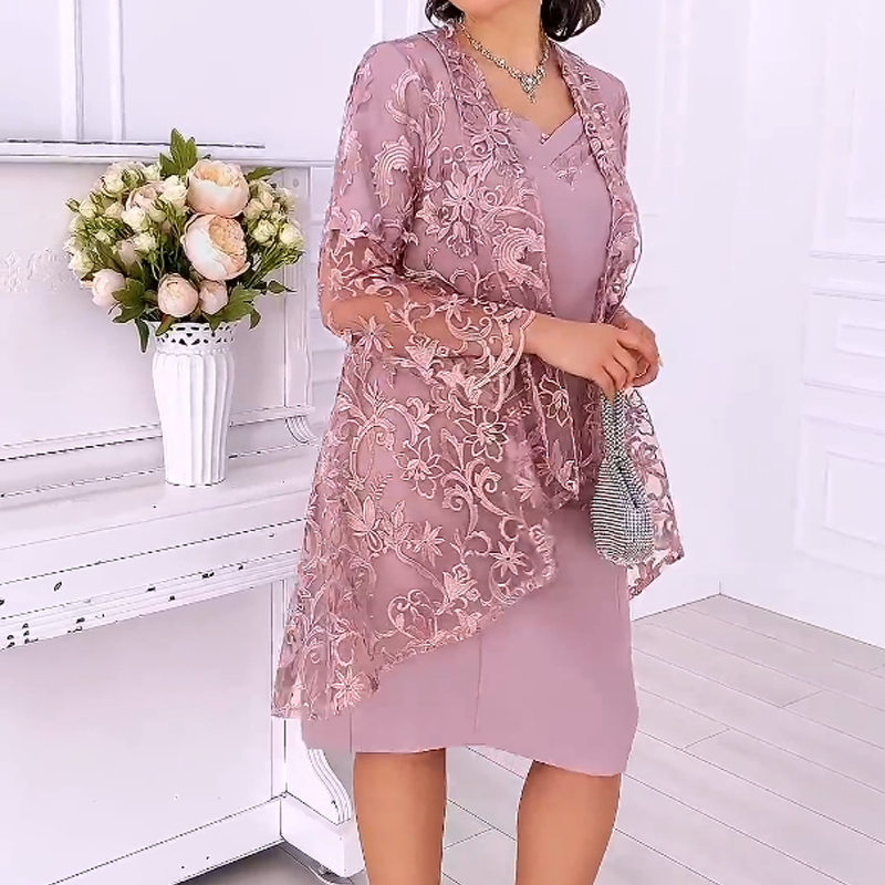 Women's Elegant Embroidered Dress & Lace Overlay 2-Piece Set
