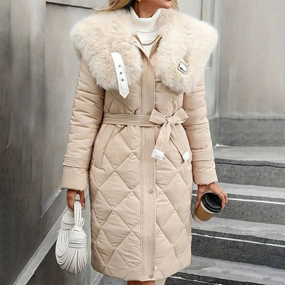 Women's Long Plush-Collar Quilted Puffer Coat