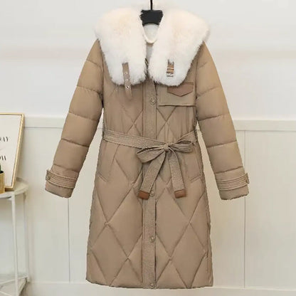 Women's Long Plush-Collar Quilted Puffer Coat