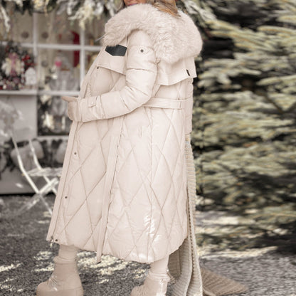 Women's Long Plush-Collar Quilted Puffer Coat