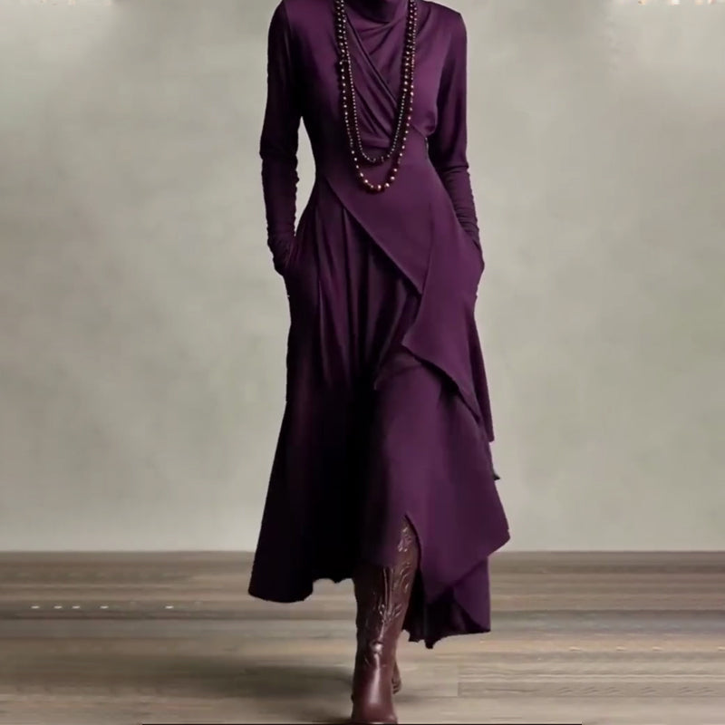 Women's Elegant High-Neck Asymmetrical Draped Maxi Dress