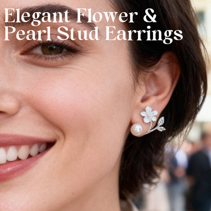 Elegant Flower & Pearl Stud Earrings