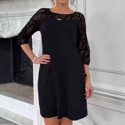 Elegant Black A-Line Dress with Mesh 3/4 Sleeve