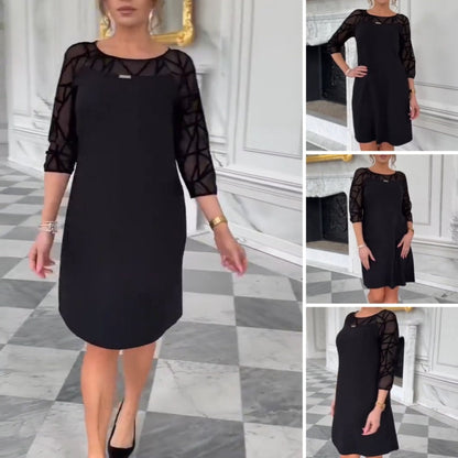 Elegant Black A-Line Dress with Mesh 3/4 Sleeve