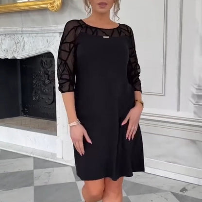 Elegant Black A-Line Dress with Mesh 3/4 Sleeve