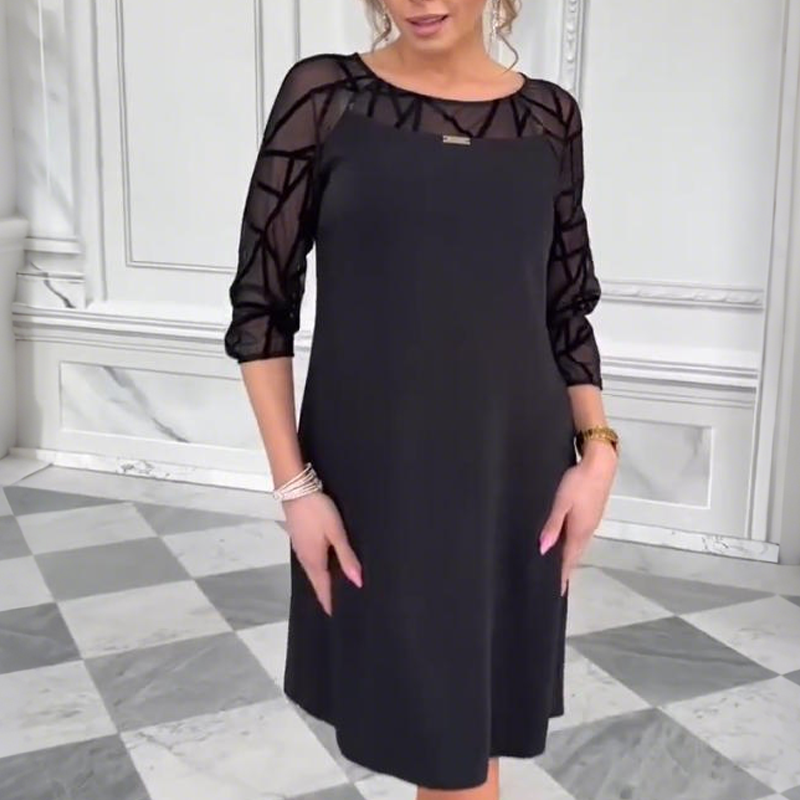 Elegant Black A-Line Dress with Mesh 3/4 Sleeve