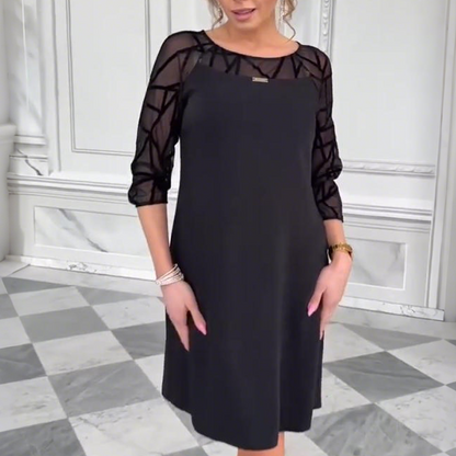 Elegant Black A-Line Dress with Mesh 3/4 Sleeve
