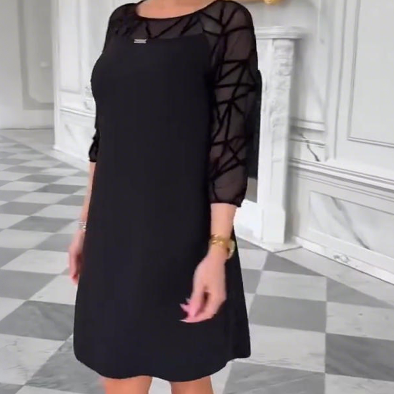 Elegant Black A-Line Dress with Mesh 3/4 Sleeve
