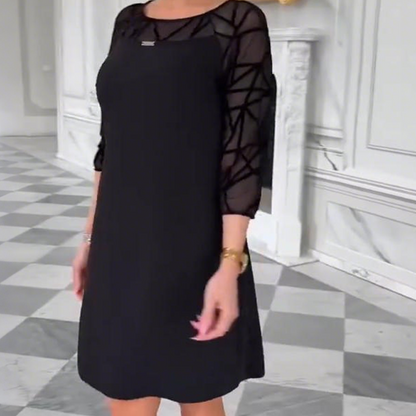 Elegant Black A-Line Dress with Mesh 3/4 Sleeve