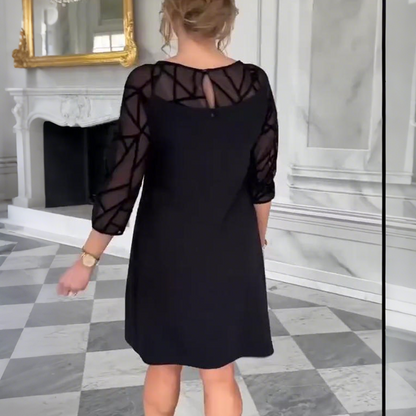 Elegant Black A-Line Dress with Mesh 3/4 Sleeve
