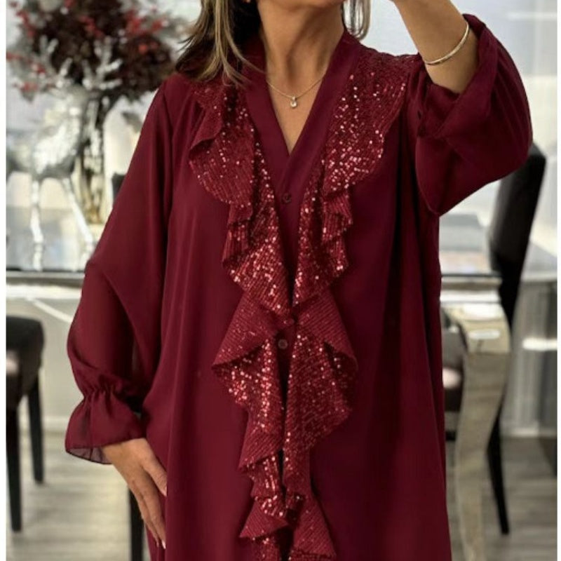 Women's V-Neck Chiffon Sequin Long Sleeve Shirt