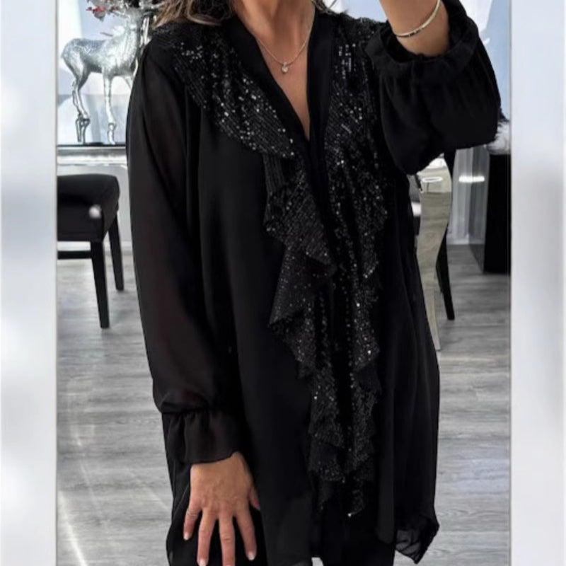 Women's V-Neck Chiffon Sequin Long Sleeve Shirt