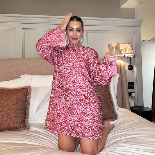 Gift Choice - Long Sleeve Loose Sequined Tie-back Dress