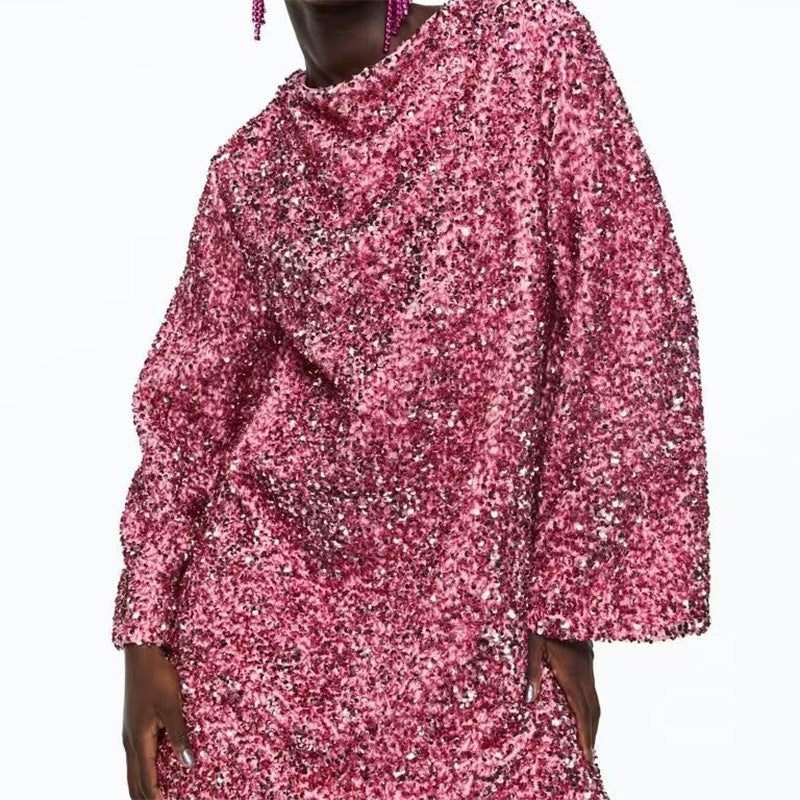Gift Choice - Long Sleeve Loose Sequined Tie-back Dress