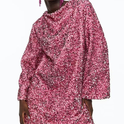 Gift Choice - Long Sleeve Loose Sequined Tie-back Dress