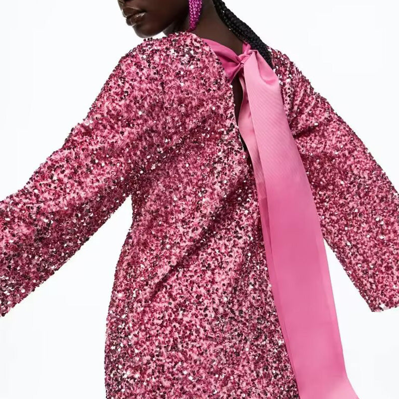 Gift Choice - Long Sleeve Loose Sequined Tie-back Dress