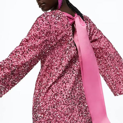 Gift Choice - Long Sleeve Loose Sequined Tie-back Dress