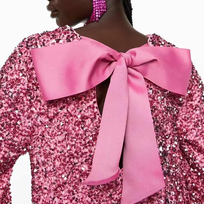 Gift Choice - Long Sleeve Loose Sequined Tie-back Dress