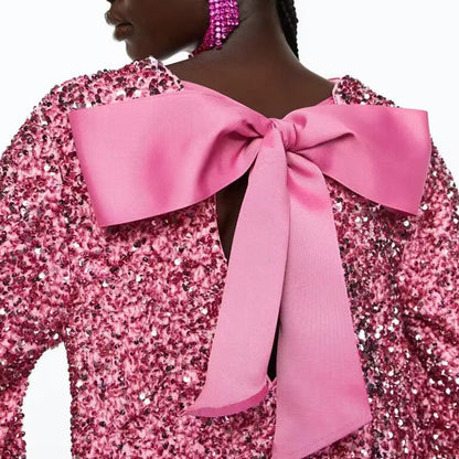 Gift Choice - Long Sleeve Loose Sequined Tie-back Dress