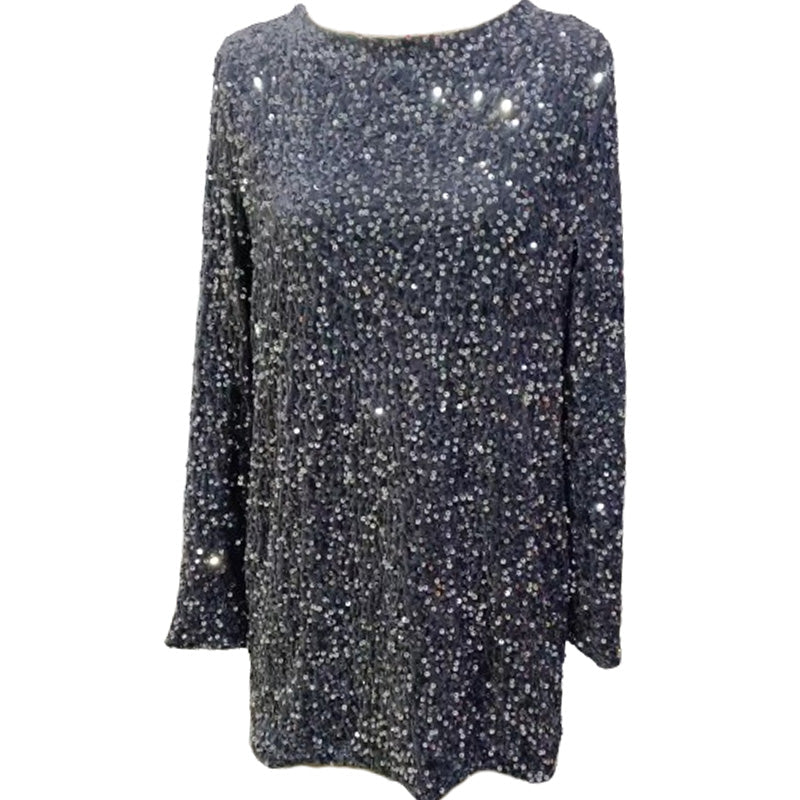 Gift Choice - Long Sleeve Loose Sequined Tie-back Dress