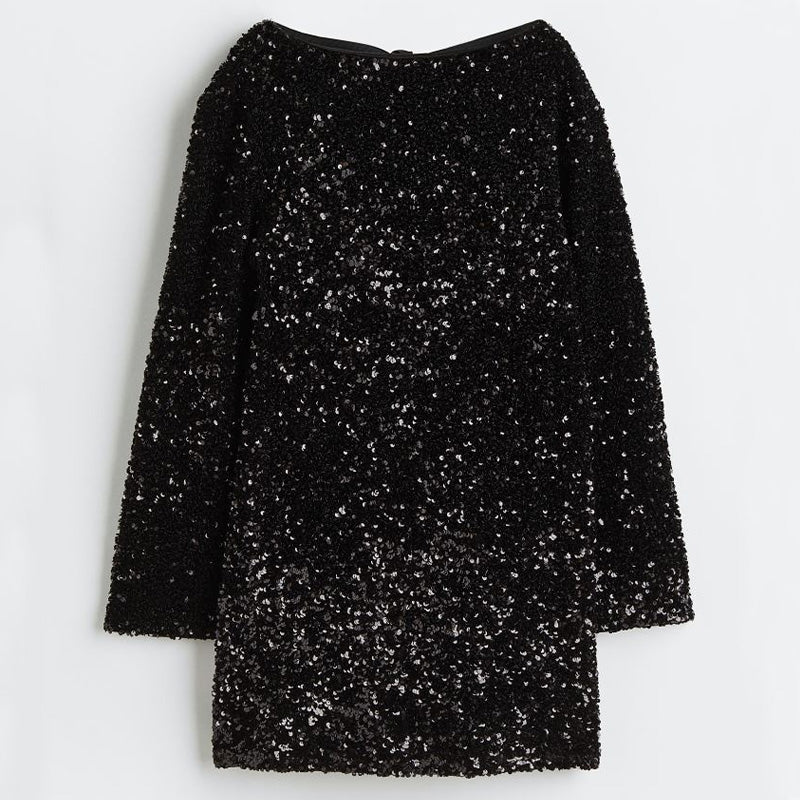 Gift Choice - Long Sleeve Loose Sequined Tie-back Dress