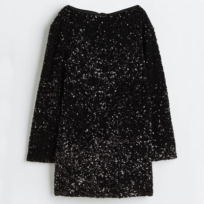 Gift Choice - Long Sleeve Loose Sequined Tie-back Dress